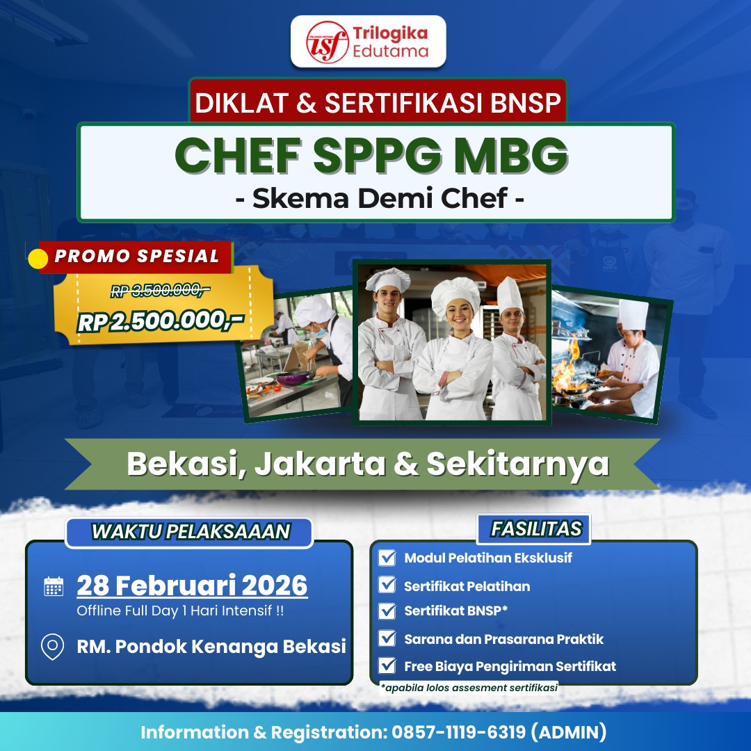 DIKLAT & SERTIFIKASI BNSP DEMI CHEF FULL OFFLINE BEKASI, JAKARTA, DAN SEKITARNYA!!!